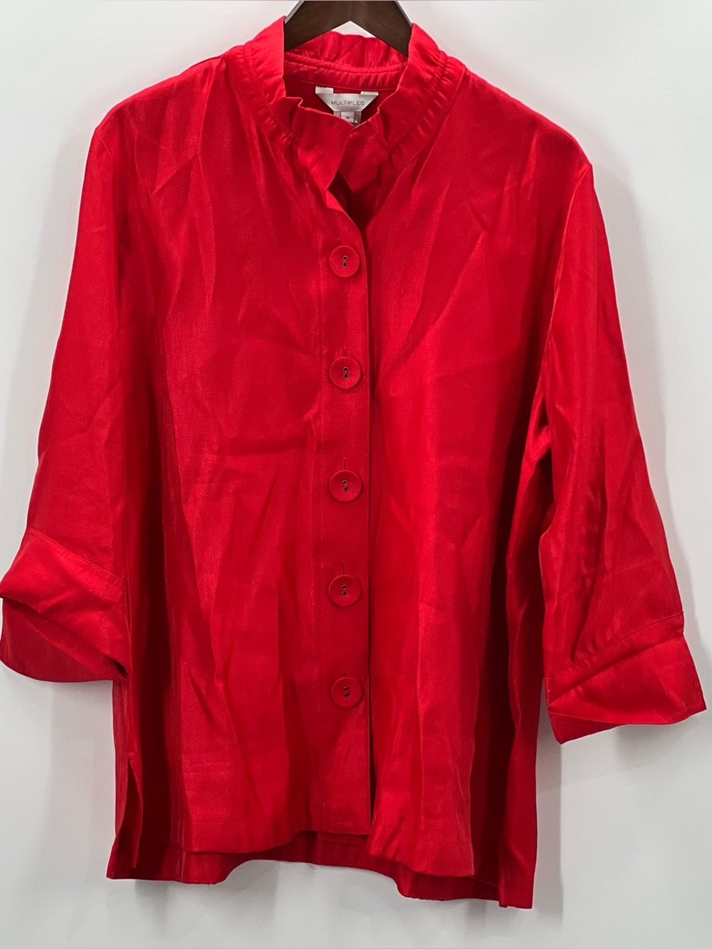 377 Multiples Bright Red Silk-Feel Button Down Blouse
